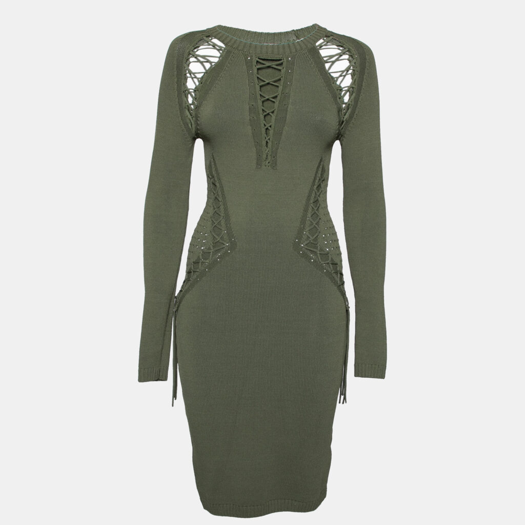 luxury-women-ronny-kobo-used-clothes-p627556-001-2 Ronny Kobo Green Knitted Cut-Out Lace Up Detail Bodycon Dress M