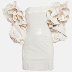 ROTATE BIRGER CHRISTENSEN Cream Faux Leather Bethany Off-Shoulder Vinyl Dress S