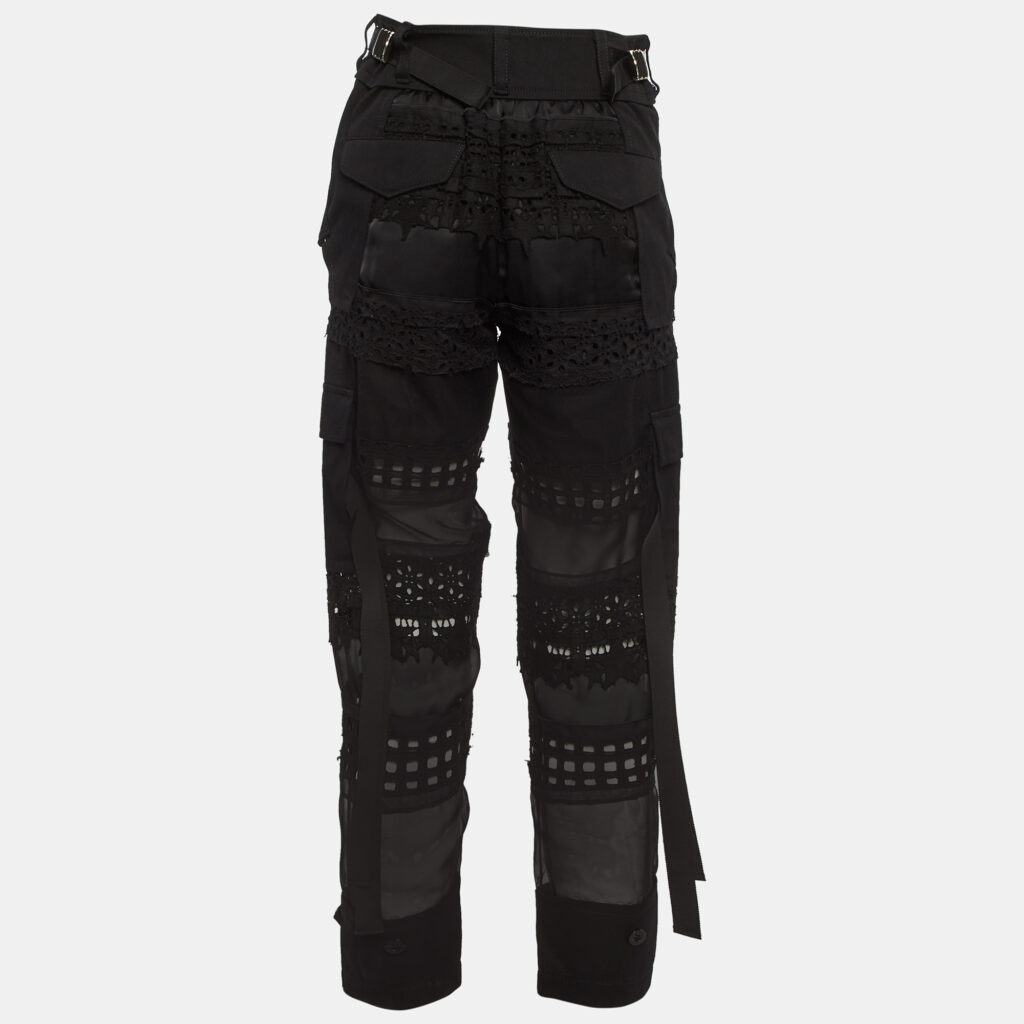 luxury-women-sacai-used-clothes-p1142400-004 Sacai Black Eyelet Lace & Sheer Chiffon Paneled Trousers S