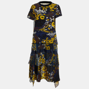 Sacai Navy Blue Floral Print Corduroy & Chiffon Top and Skirt Set S