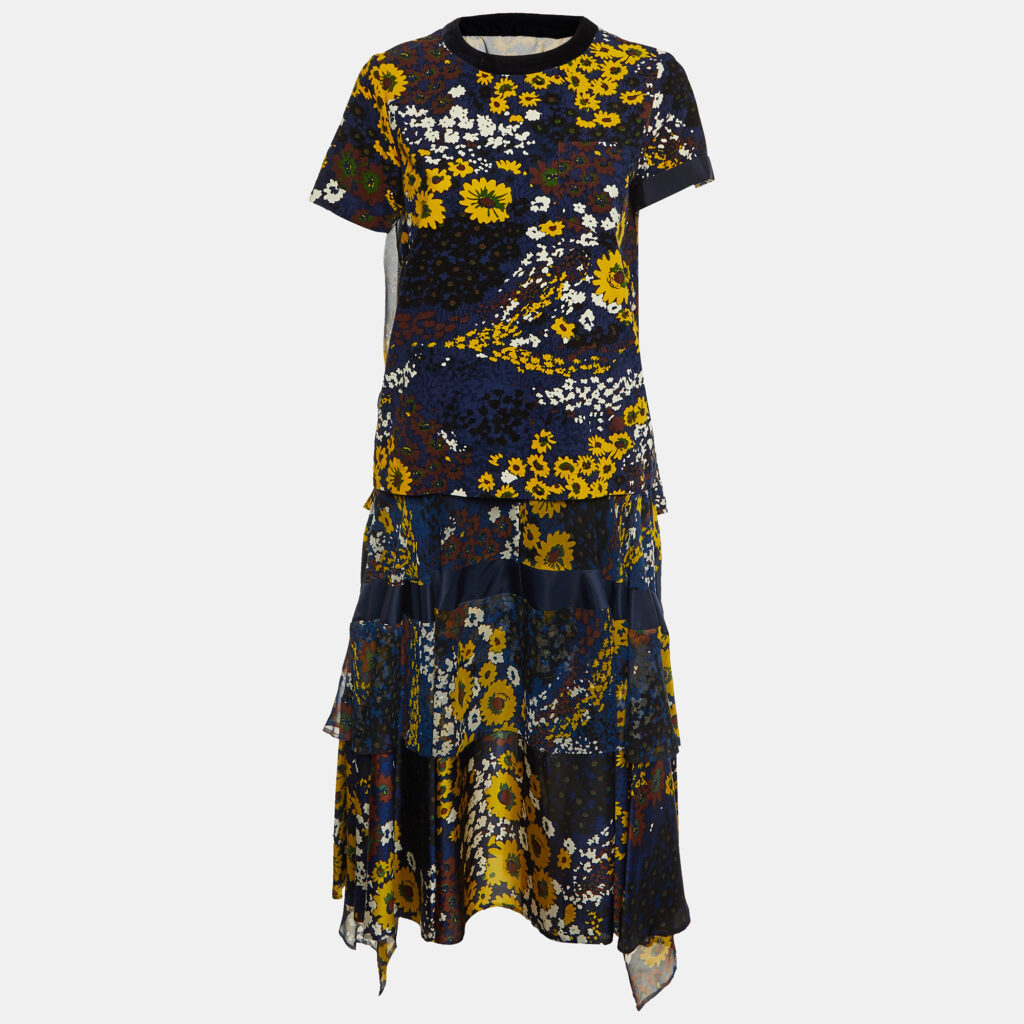 luxury-women-sacai-used-clothes-p1155853-005 Sacai Navy Blue Floral Print Corduroy & Chiffon Top and Skirt Set S