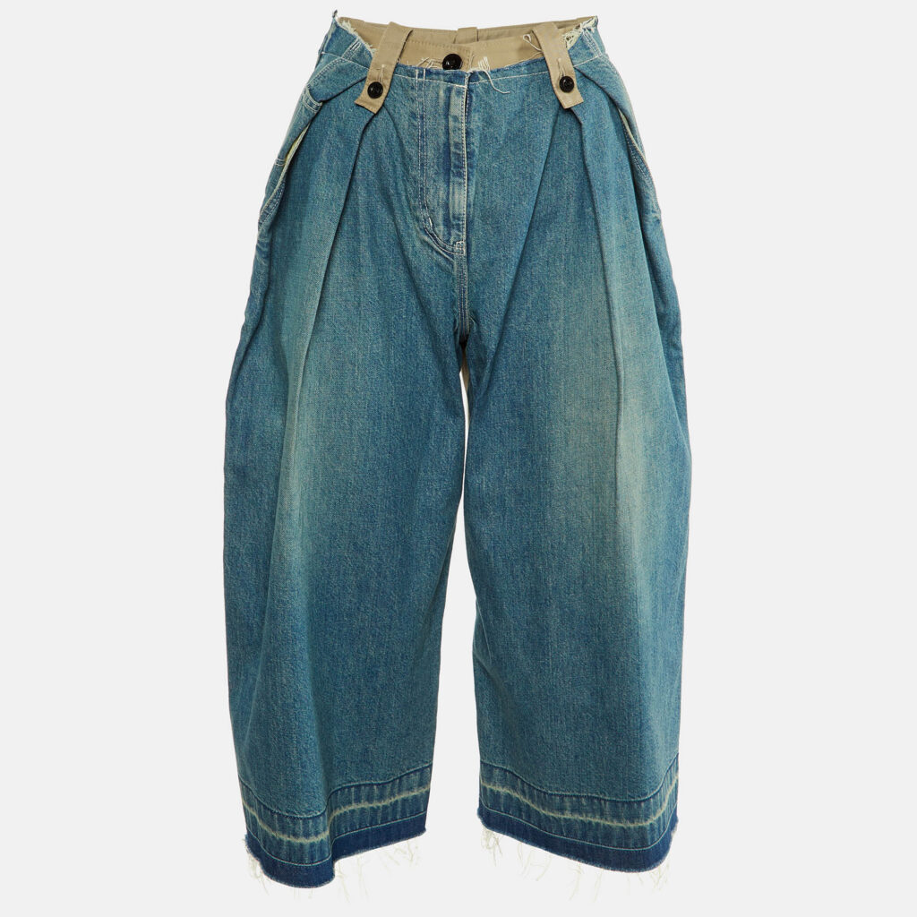 luxury-women-sacai-used-clothes-p1166884-001 Sacai Blue Denim & Beige Synthetic Paneled Capri Pants M