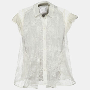 Sacai White Lace & Cotton Paneled Button Front Top S