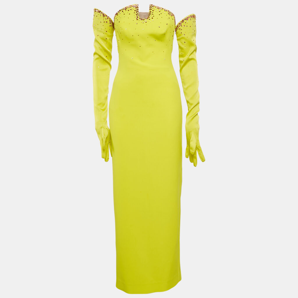 luxury-women-safiyaa-used-clothes-p1121638-002 Safiyaa Lime Green Rhinestone Crepe Strapless Gown With Gloves S
