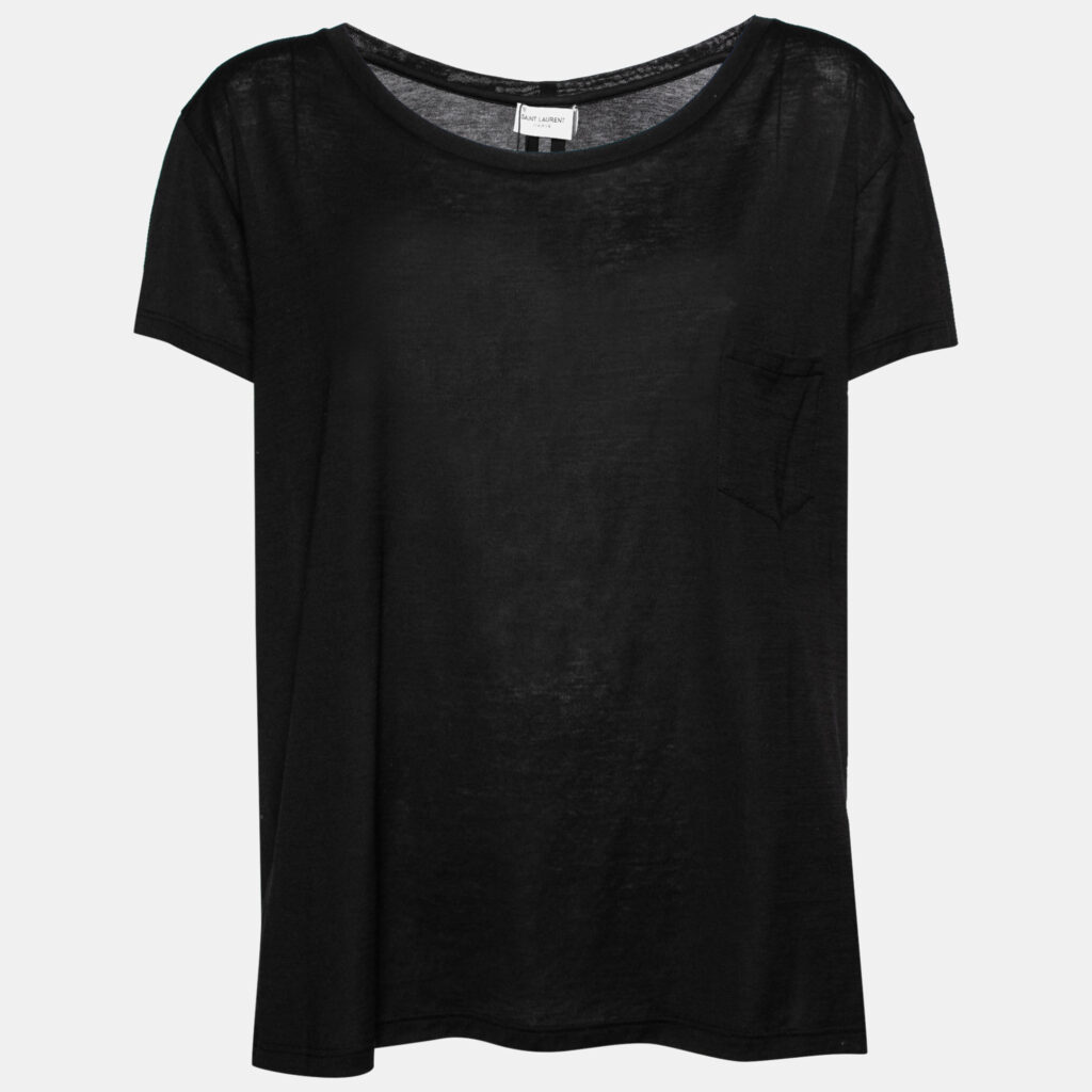 luxury-women-saint-laurent-paris-new-clothes-p631253-001-2 Saint Laurent Black Cotton Front Pocket Crew Neck Short Sleeve Top M