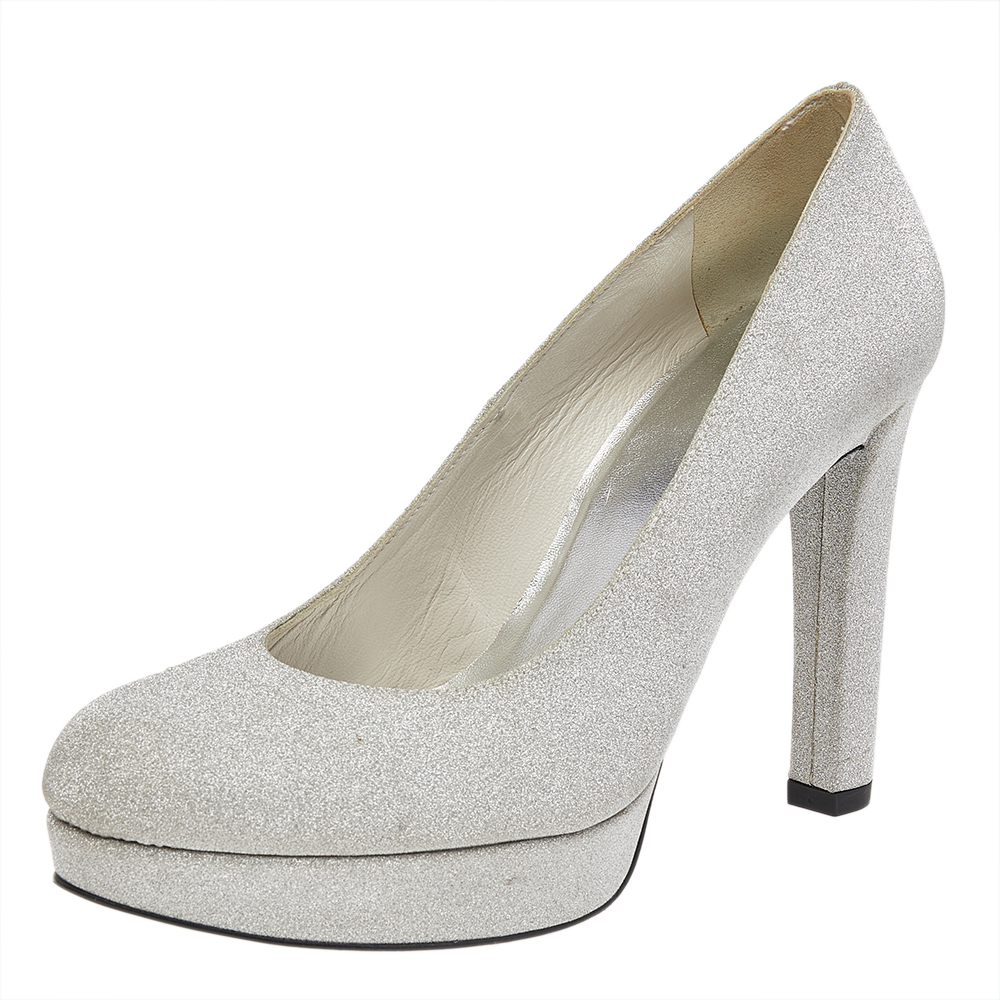 luxury-women-saint-laurent-paris-new-shoes-p496674-006 Stuart Weitzman Metallic Silver Glitter Platform Pumps Size 38.5