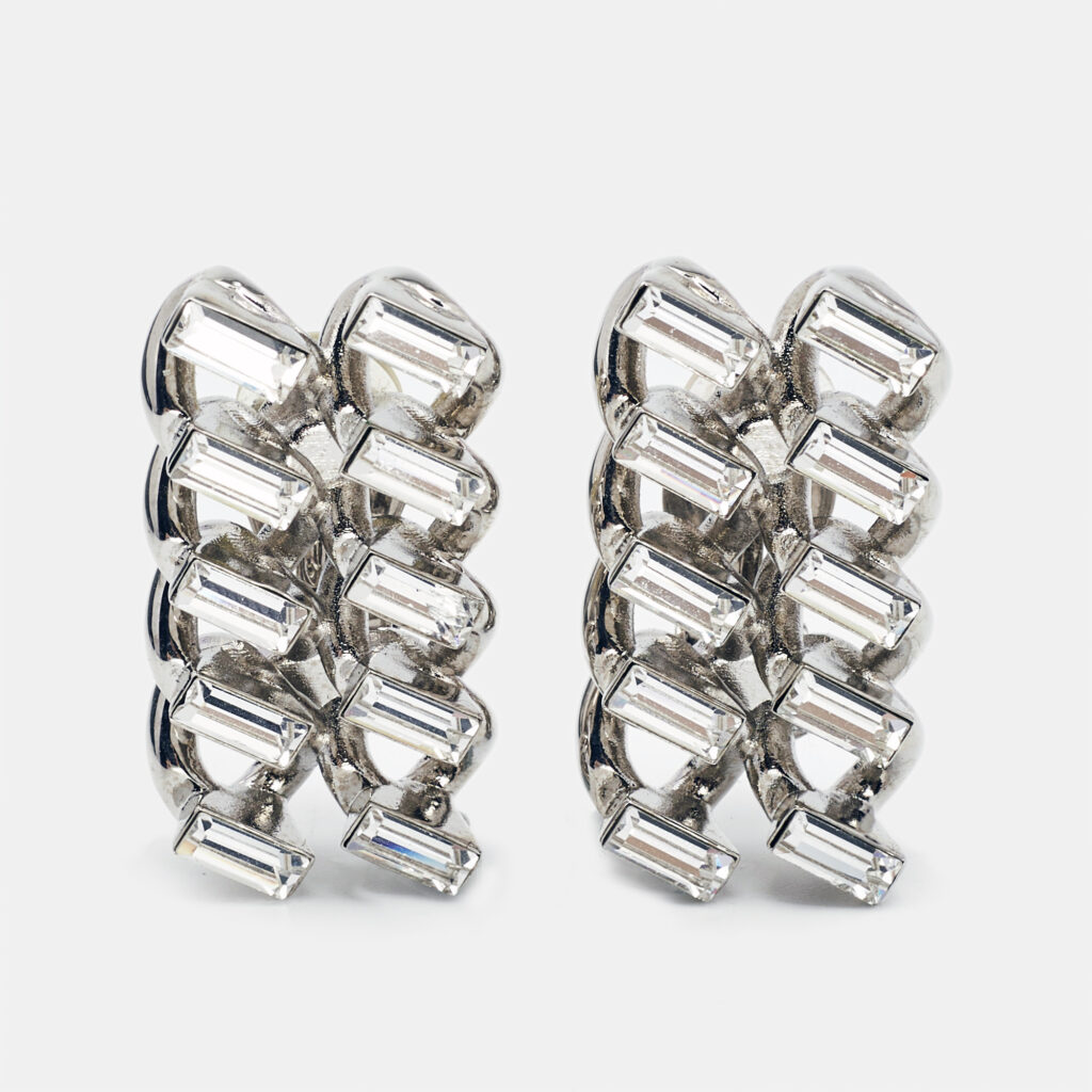 luxury-women-saint-laurent-paris-used-accessories-p1038854-001 Saint Laurent Chain Link Crystal Silver Tone Clip On Earrings