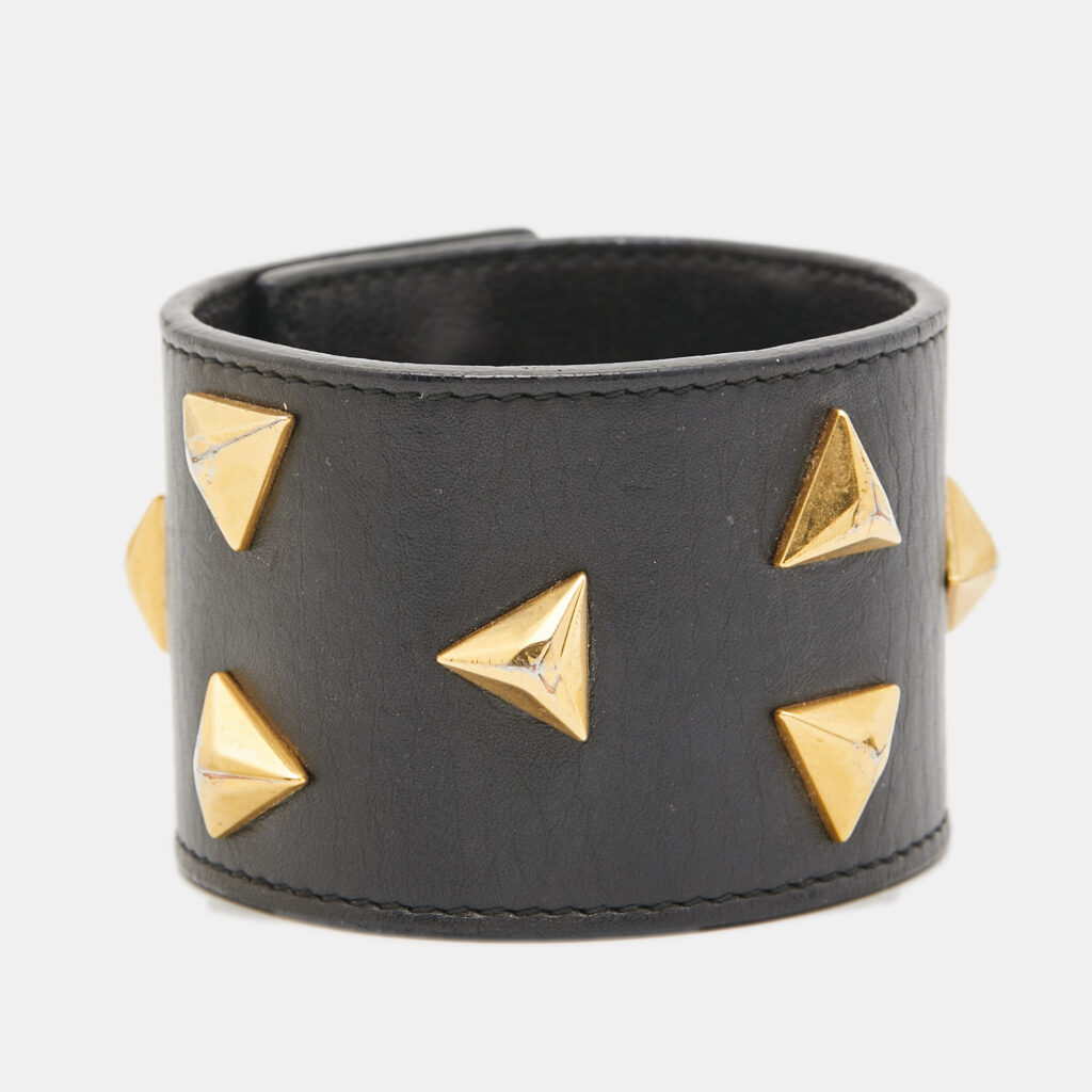 luxury-women-saint-laurent-paris-used-accessories-p1055585-001 Saint Laurent Paris Black Triangle Studs Leather Gold Tone Cuff Bracelet