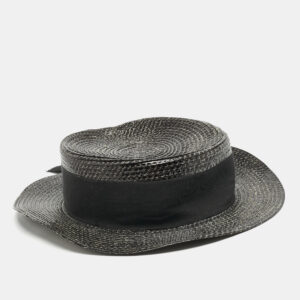 Saint Laurent Paris Black Canotier Lacquered Straw Boater Hat S