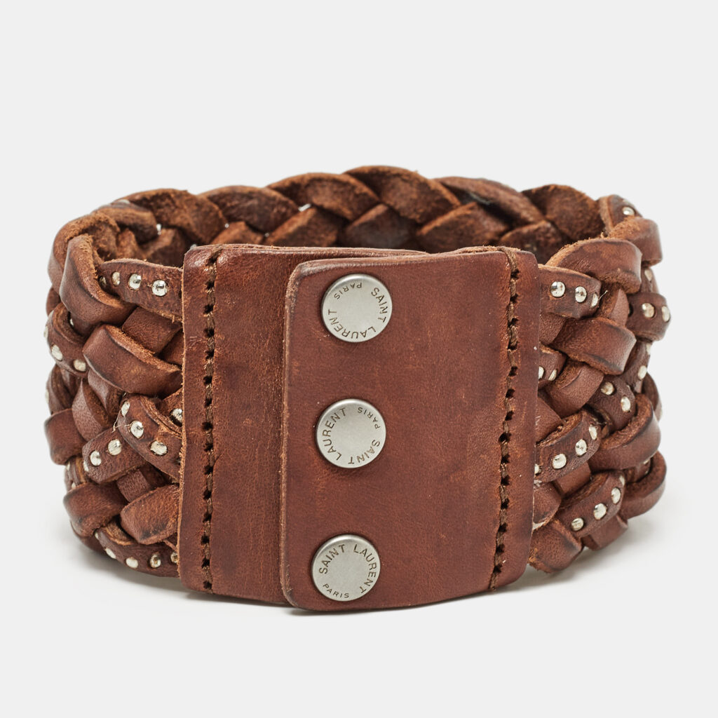 luxury-women-saint-laurent-paris-used-accessories-p963260-001 Saint Laurent Paris Brown Studded & Braided Leather Wide Bracelet