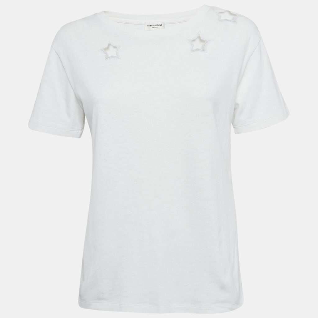 Saint Laurent Paris White Cotton Star Cut-Out Detail T-Shirt XS