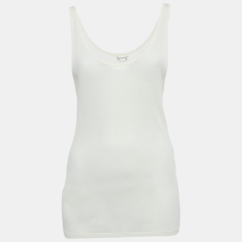 Saint Laurent Paris Cream Rib Knit Semi Sheer Tank Top M