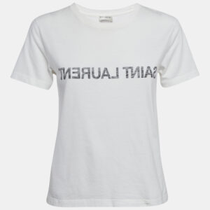 Saint Laurent Off-White Logo Print Cotton Crew Neck T-Shirt XS