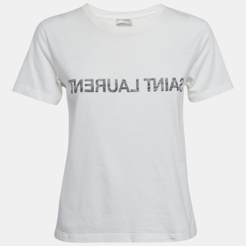 luxury-women-saint-laurent-paris-used-clothes-p1118133-003 Saint Laurent Off-White Logo Print Cotton Crew Neck T-Shirt XS