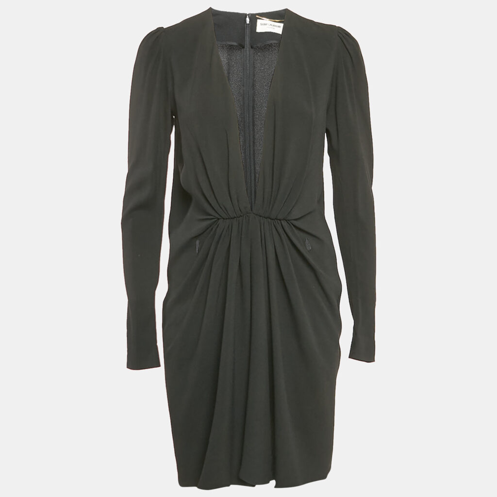 luxury-women-saint-laurent-paris-used-clothes-p1118283-003 Saint Laurent Black Crepe Plunging Neck Mini Dress M