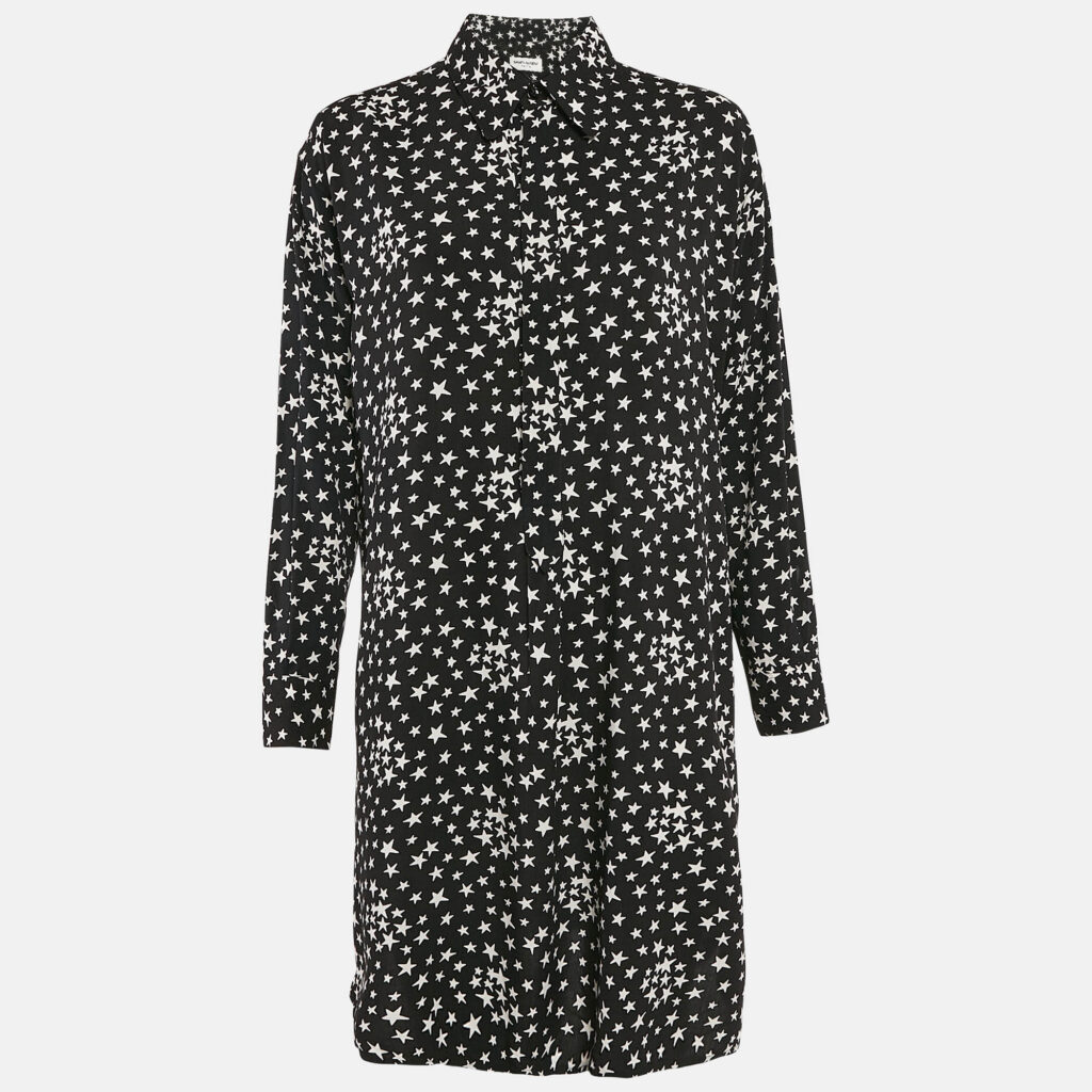 luxury-women-saint-laurent-paris-used-clothes-p1135097-001 Saint Laurent Paris Black Stars Print Crepe Shirt Dress M