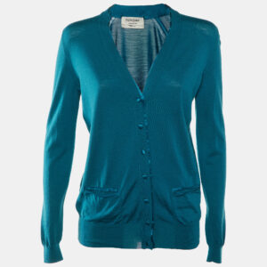 Yves Saint Laurent Teal Blue Wool Knit & Satin Trim Button Front Cardigan L