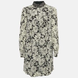 Saint Laurent Paris Black/Cream Floral Print Crepe Pleated Mini Dress S