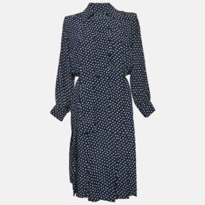 saint laurent rive gauche navy blue polka dot silk midi dress m