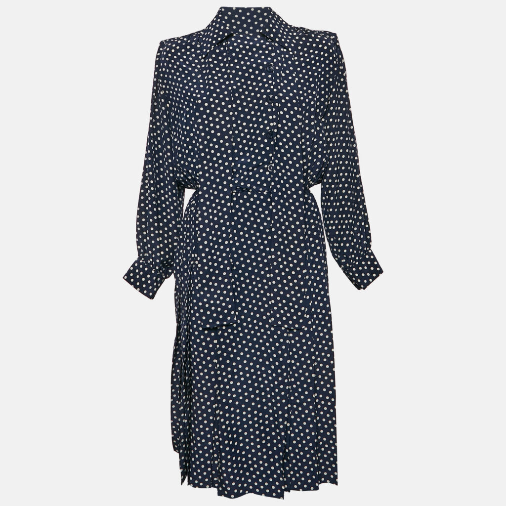luxury-women-saint-laurent-paris-used-clothes-p1159372-001.jpg Saint Laurent Rive Gauche Navy Blue Polka Dot Silk Midi Dress M