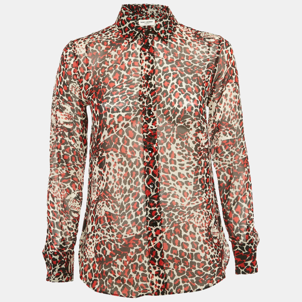 luxury-women-saint-laurent-paris-used-clothes-p1168082-002 Saint Laurent Red Leopard Print Silk Sheer Shirt S