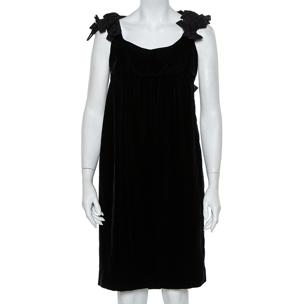 luxury-women-saint-laurent-paris-used-clothes-p394040-002 Yves Saint Laurent Black Velvet Bow Trim Detail Shift Dress S