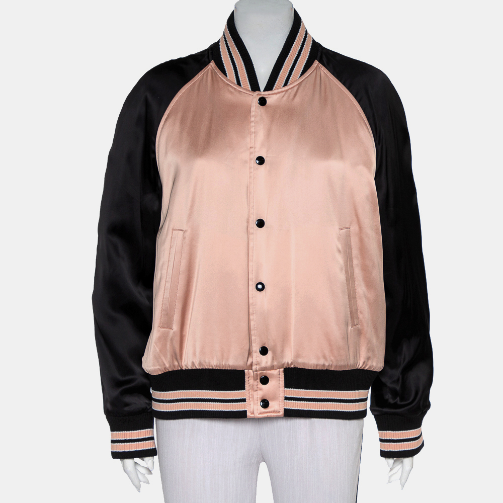 luxury-women-saint-laurent-paris-used-clothes-p421048-010 Saint Laurent Paris Black & Pink Satin Button Front Bomber Jacket L
