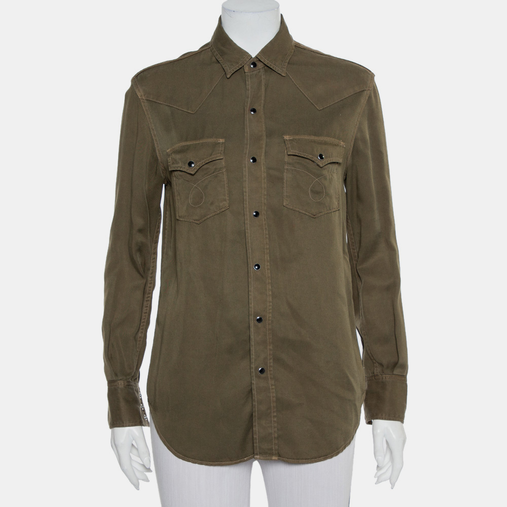 luxury-women-saint-laurent-paris-used-clothes-p433564-010 Saint Laurent Paris Military Green Lyocell Button Front Shirt M