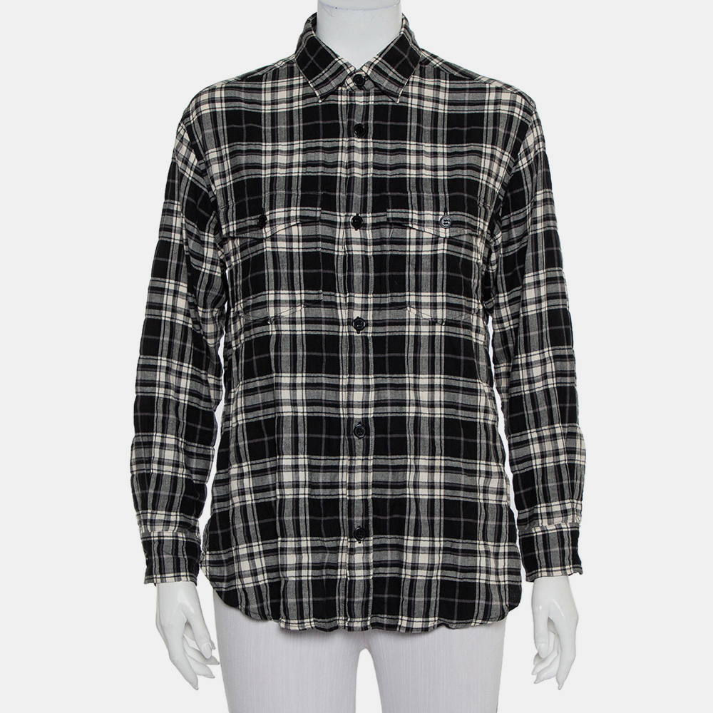 luxury-women-saint-laurent-paris-used-clothes-p433608-009 Saint Laurent Paris Black Plaided Flannel Button Front Shirt S