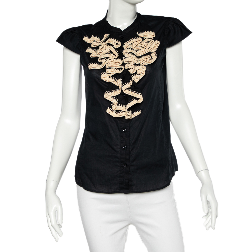 luxury-women-saint-laurent-paris-used-clothes-p482191-001 Yves Saint Laurent Black Cotton Crochet Ruffled Button Front Top M
