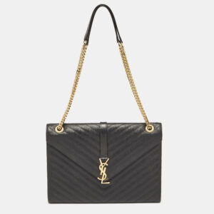 Saint Laurent Black Chevron Leather Large Monogram Envelope Shoulder Bag