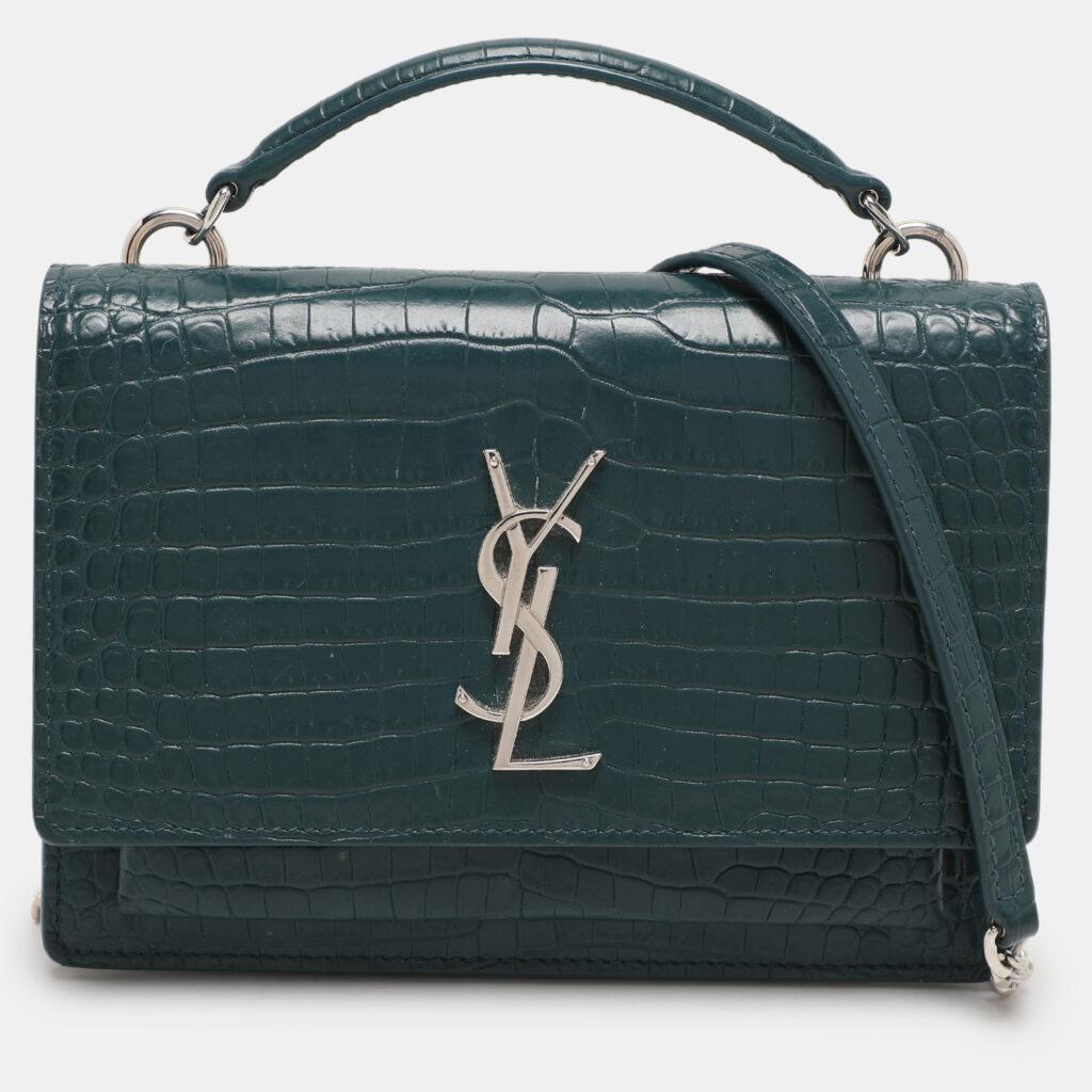 luxury-women-saint-laurent-paris-used-handbags-p1121196-001 Saint Laurent Paris Green Croc Embossed Leather Sunset Crossbody Bag