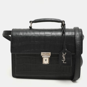 Saint Laurent Black Croc Embossed Leather High School Top Handle Bag