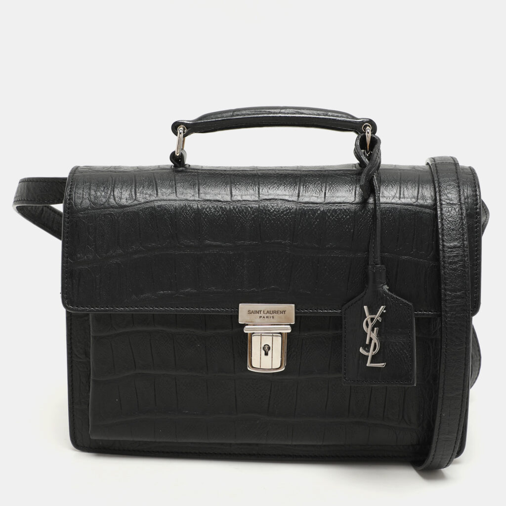 Saint Laurent Black Croc Embossed Leather High School Top Handle Bag