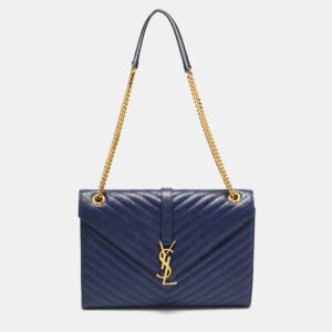 Saint Laurent Blue Matelass&eacute; Leather Large Monogram Envelope Shoulder Bag