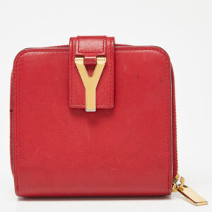 Saint Laurent Red Leather Y line Zip Compact Wallet
