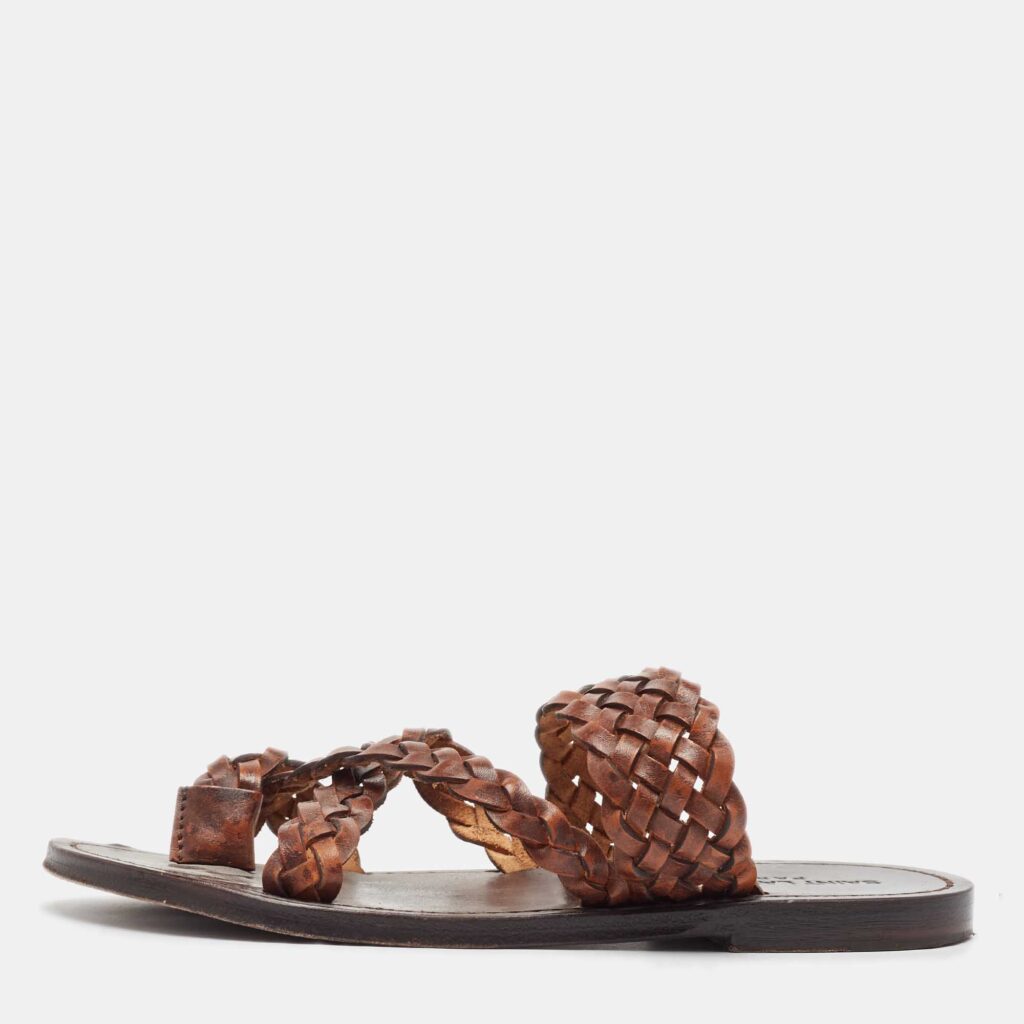 luxury-women-saint-laurent-paris-used-shoes-p1029225-003 Saint Laurent Brown Braided Leather Neil Flat Slides Size 37