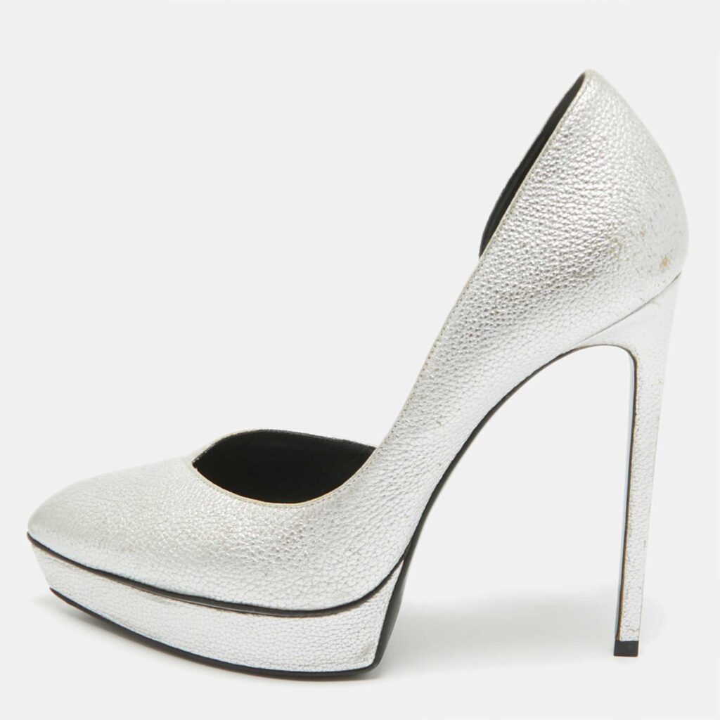 luxury-women-saint-laurent-paris-used-shoes-p1039302-002 Saint Laurent Silver Leather Janis D'orsay Pumps Size 39