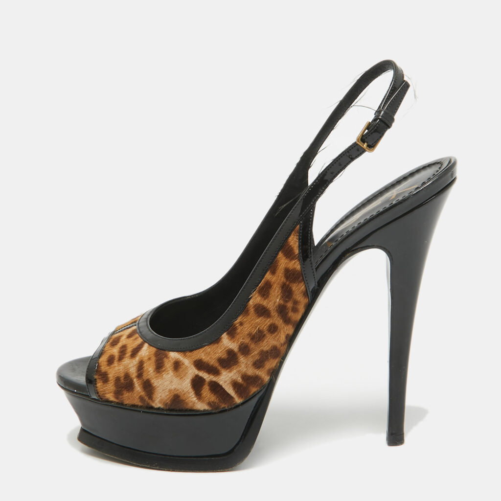 luxury-women-saint-laurent-paris-used-shoes-p1071919-003 Saint Laurent Black/Brown Calf Hair and Patent Leather Peep Toe Pumps Size 37.5