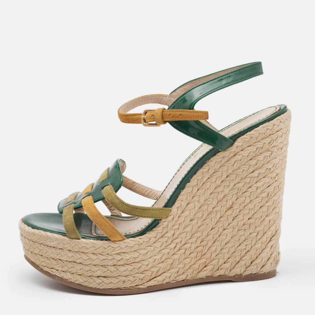 luxury-women-saint-laurent-paris-used-shoes-p1088759-002 Saint Laurent Green Patent Leather and Suede Tribute Wedge Sandals Size 38.5