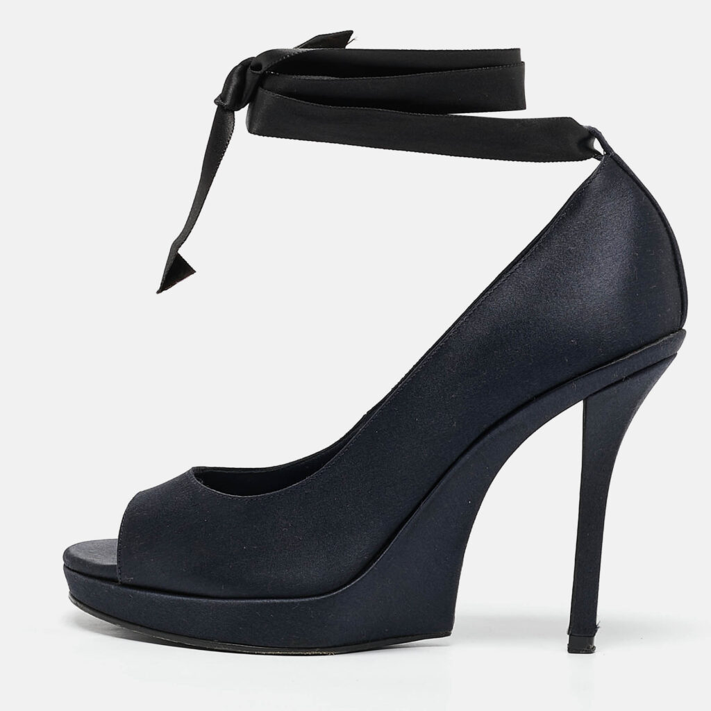 Saint Laurent Navy Blue Satin Open Toe Ankle Wrap Platform Pumps Size 37