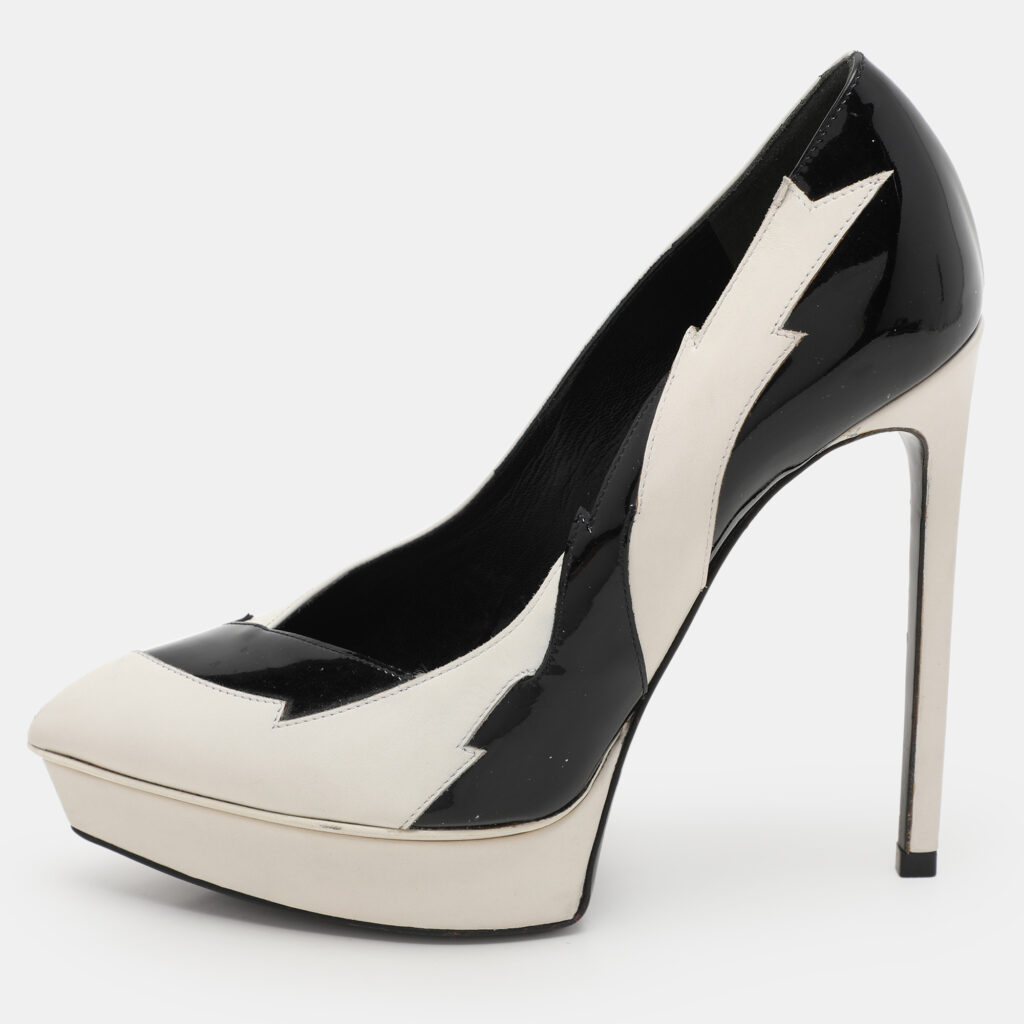 luxury-women-saint-laurent-paris-used-shoes-p1097276-007 Saint Laurent Paris White/Black Leather and Patent Leather Janis Pumps Size 35.5