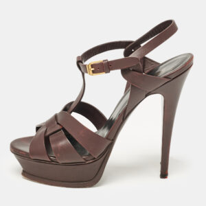 Saint Laurent Dark Burgundy Leather Tribute Platform Sandals Size 39
