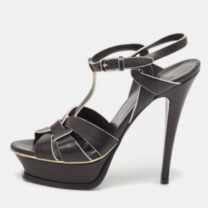 Saint Laurent Black/White Leather Tribute Ankle Strap Sandals Size 37.5