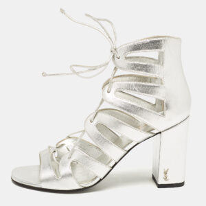 Saint Laurent Silver Leather Babes Lace Up Sandals Size 38