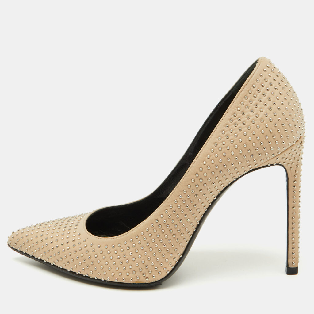 luxury-women-saint-laurent-paris-used-shoes-p1103907-001 Saint Laurent Beige Leather Studded Pointed Toe Pumps Size 38.5