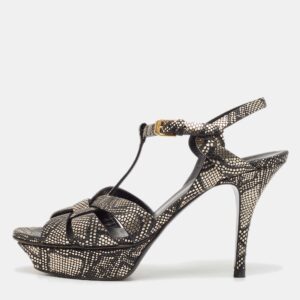 Saint Laurent Black/Gold Textured Leather Tribute Sandals Size 39.5