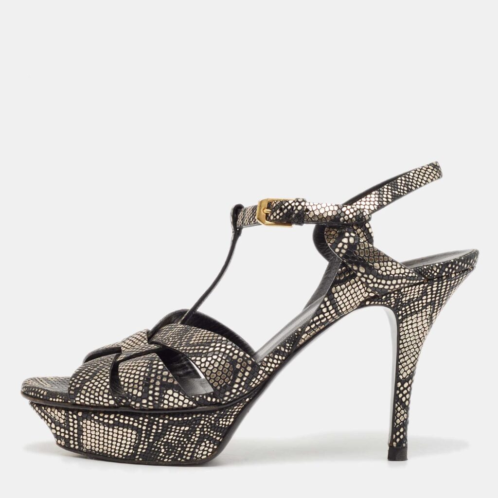 luxury-women-saint-laurent-paris-used-shoes-p1106042-003 Saint Laurent Black/Gold Textured Leather Tribute Sandals Size 39.5