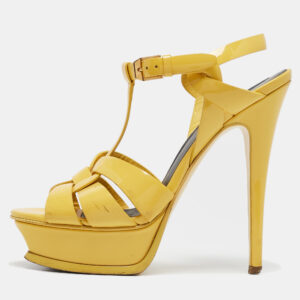 Saint Laurent Beige Patent Leather Tribute Platform Sandals Size 38.5