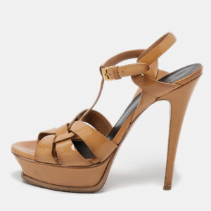 Saint Laurent Beige Patent Leather Tribute Platform Sandals Size 38